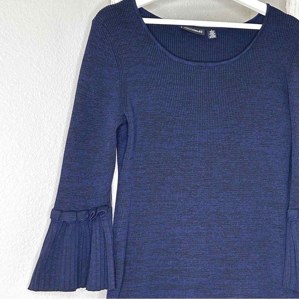 Nina Leonard Navy Blue Knit Dress Long Bell Sleeves Sheath Large - Picture 4 of 6